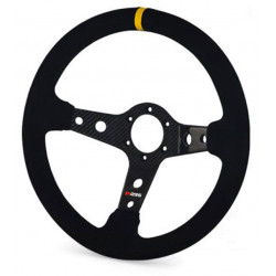 Volante sportivo a 3 razze RRS Carbon, 350mm, pelle scamosciata, calice 90mm, nero/carbonio/giallo