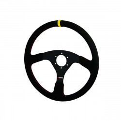 Volante sportivo a 3 razze RRS Veloce, 350mm, pelle scamosciata, spessore 32/28mm, piatto, nero/giallo