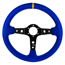 Volante sportivo a 3 razze RRS Corsa 90, 350mm, pelle scamosciata, calice 90mm, blu/nero/giallo