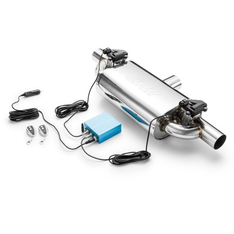 1x ingresso / 2x uscite RM Motors transverse through-flow silencer 76mm with electric valve | race-shop.it