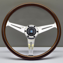 Volante sportivo a 3 razze Nardi Classic ND36, 360mm, legno, calice 40mm, marrone/cromo