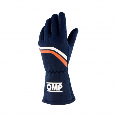 Guanti Guanti da gara OMP DIJON my2025 con FIA (cucitura interna) Blu navy con strisce bianche/arancioni | race-shop.it