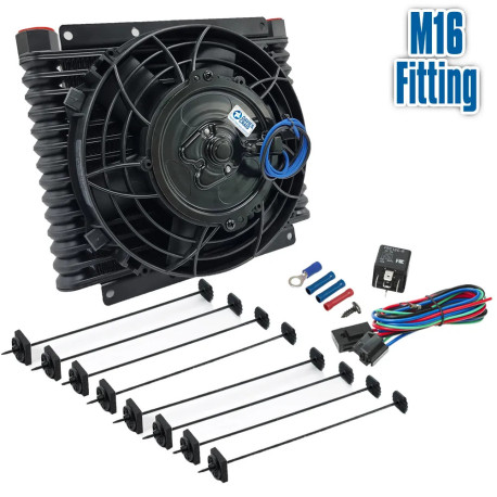 Refrigeratori d'olio Universal Engine/Trans Oil Cooler (32mm) 14-Row M16 & 8" Fan Combo (12V) | race-shop.it