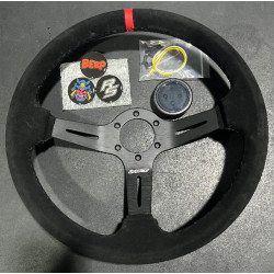 Volante sportivo a 3 razze RACES Hellrot, 350mm, pelle scamosciata, calice 70mm, nero/rosso