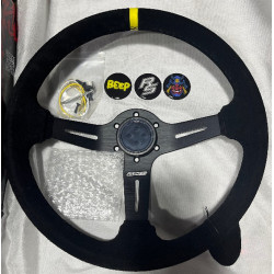 Volante sportivo a 3 razze RACES Giallo Clarus, 350mm, pelle scamosciata, calice 70mm, nero/giallo