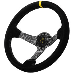 Volante sportivo a 3 razze RACES Laser, 350mm, pelle scamosciata, calice 90mm, nero/giallo