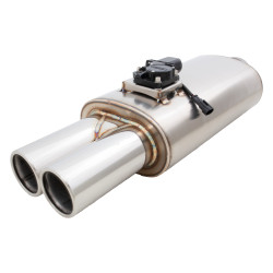 XFORCE silenziatore Varex con valvola ovale 140x241x381 mm, ingresso 63 mm, terminale a doppia parete 2× 76 mm