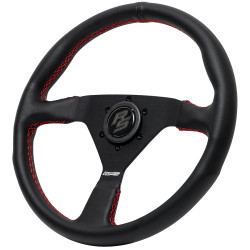 Volante sportivo a 3 razze RACES Filo Rosso, 350mm, ecopelle, piatto, nero/rosso