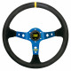 Volante sportivo a 3 razze OMP Corsica, 350mm, pelle scamosciata, calice 95mm, nero/giallo/blu