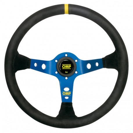 Volanti Volante sportivo a 3 razze OMP Corsica, 350mm, pelle scamosciata, calice 95mm, nero/giallo/blu | race-shop.it