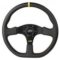 Volante sportivo a 3 razze Luisi Stealth Corsa, 355mm, pelle, calice 42mm, nero/giallo