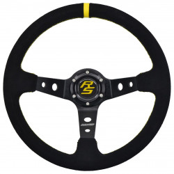 Volante sportivo a 3 razze RACES Corsa, 350mm, pelle scamosciata, calice 90mm, nero/giallo