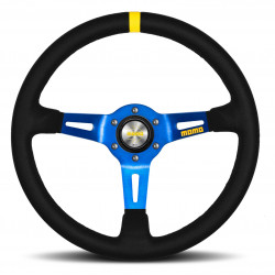 Volante sportivo a 3 razze MOMO MOD.08, 350mm, pelle scamosciata, calice 88mm, nero/blu/giallo